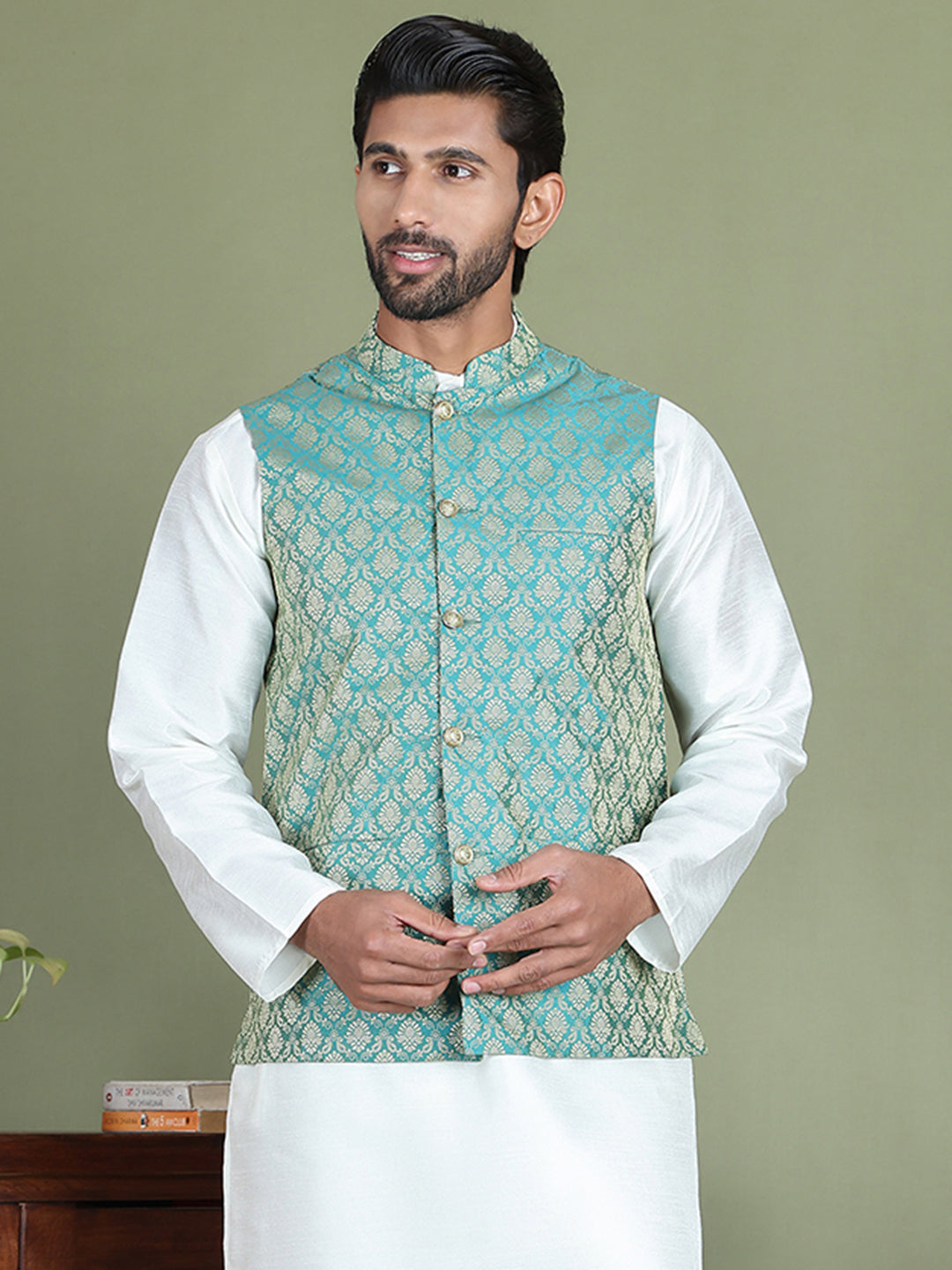 Woven Design Nehru Jacket For Men ( JOWC 4005Green )