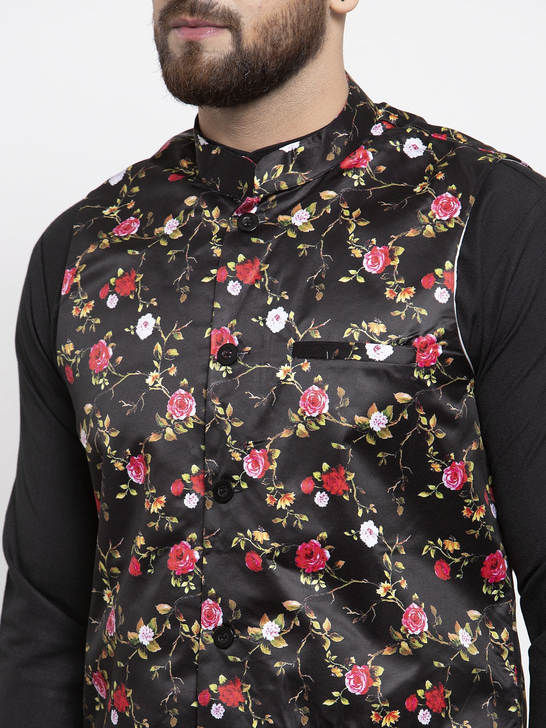 Jompers Men's Black Printed Nehru Jacket ( JOWC 4007Black )