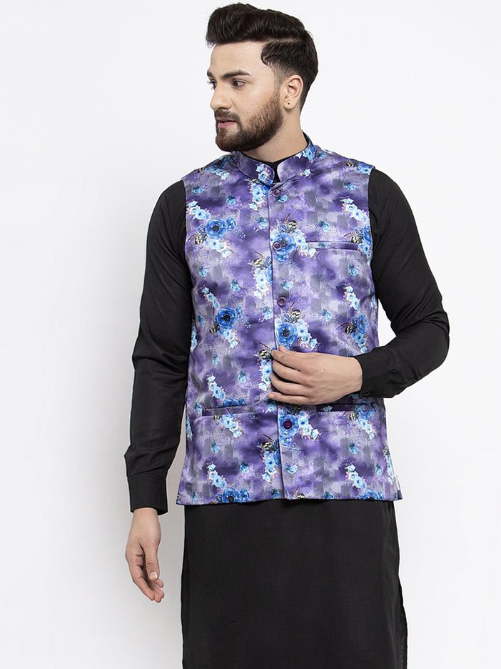 Jompers Men Violet Printed Satin Nehru Jacket (JOWC 4007 Voilet )