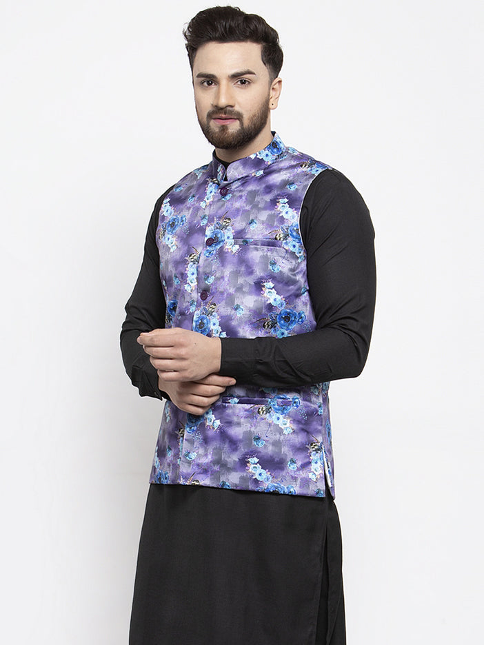 Jompers Men Violet Printed Satin Nehru Jacket (JOWC 4007 Voilet )