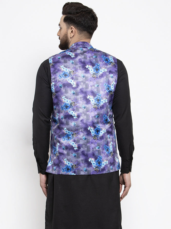 Jompers Men Violet Printed Satin Nehru Jacket (JOWC 4007 Voilet )