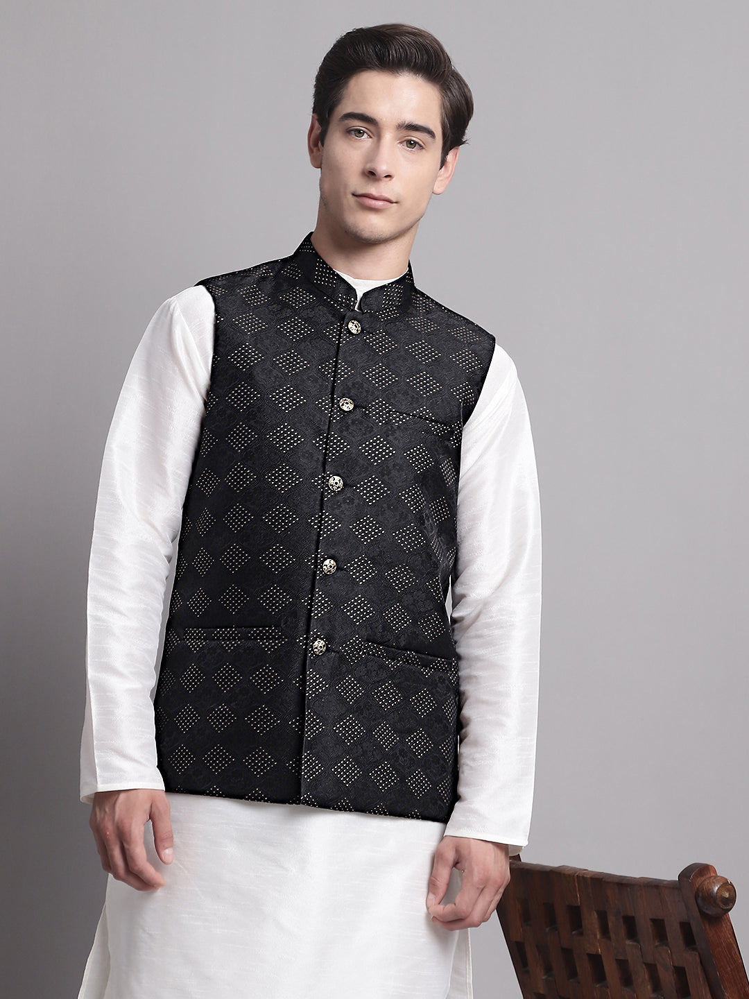 Men's Black Woven Design Nehru Jacket – Jompers Wholesale