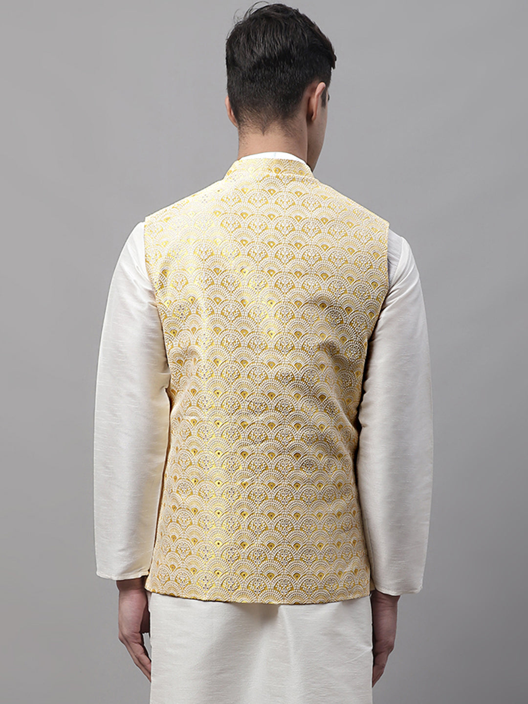 Men Yellow and White Woven Design Waistcoats