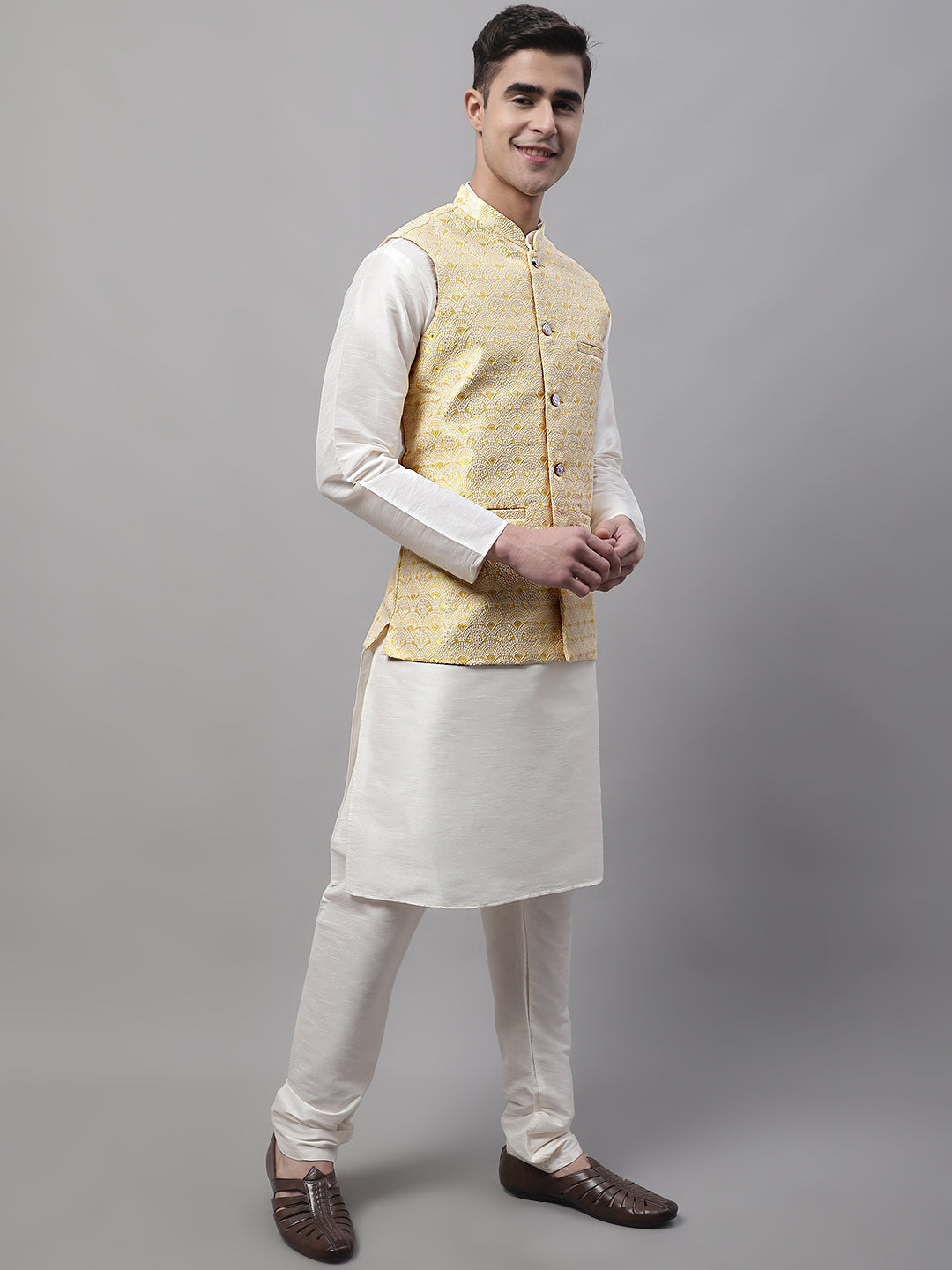 Men Yellow and White Woven Design Waistcoats