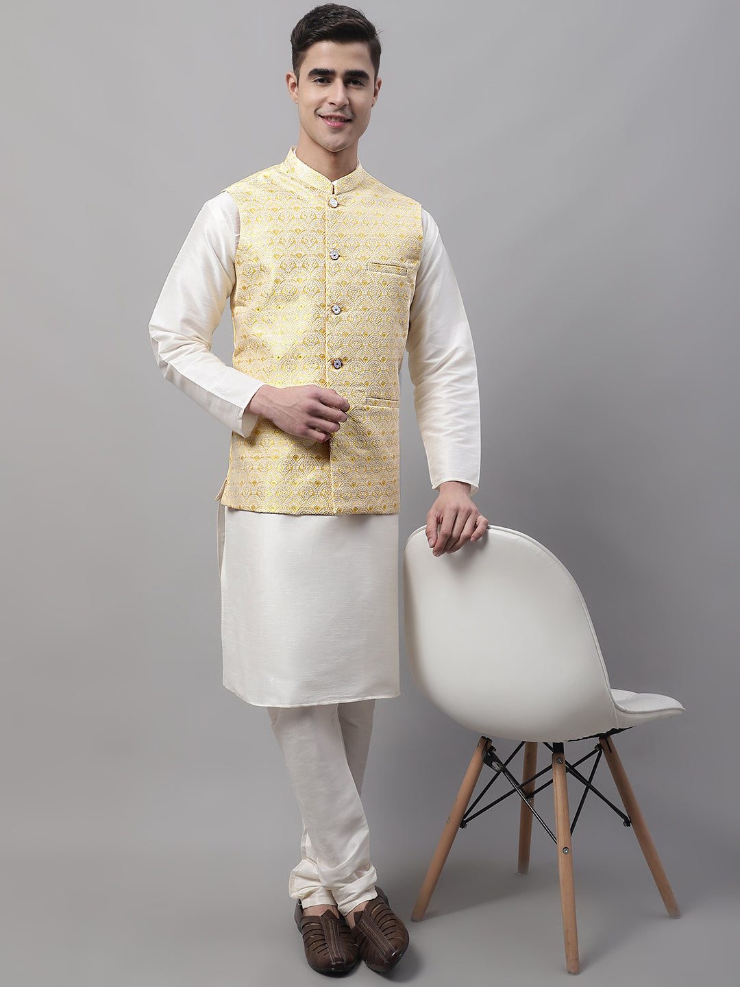 Men Yellow and White Woven Design Waistcoats