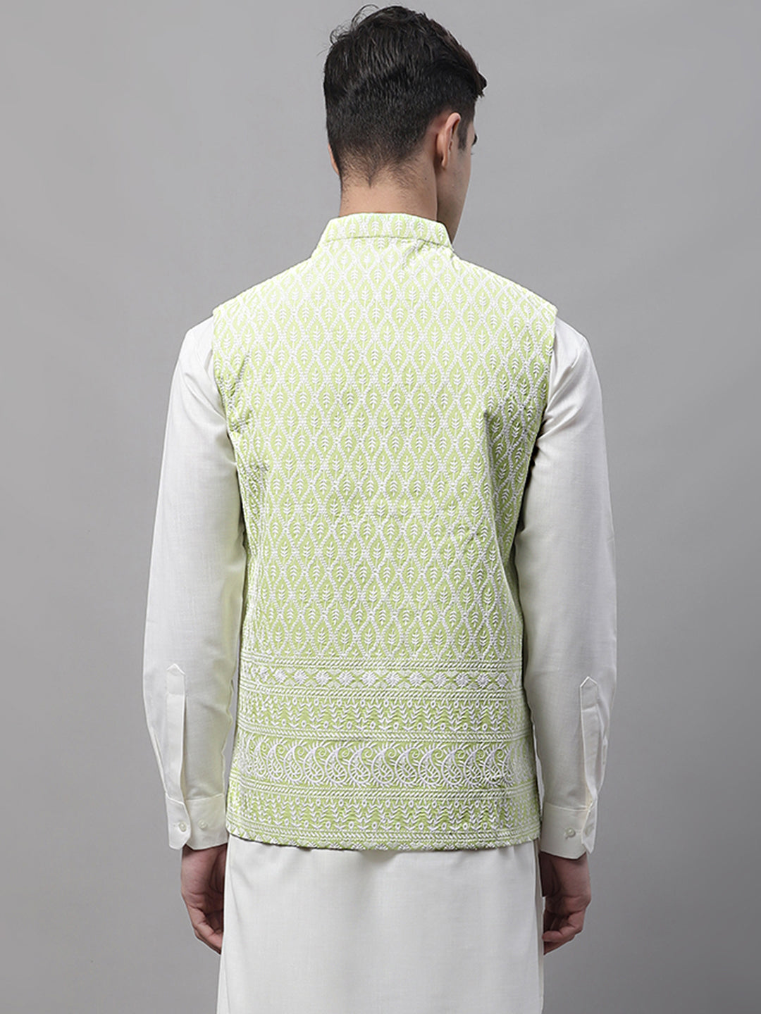 Men Green and White Embroidered Waistcoats