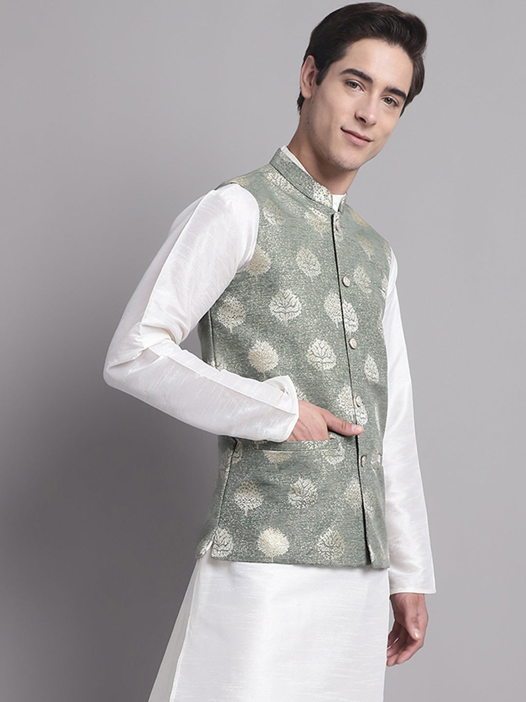 Men's Green and Golden Printed Nehru Jacket