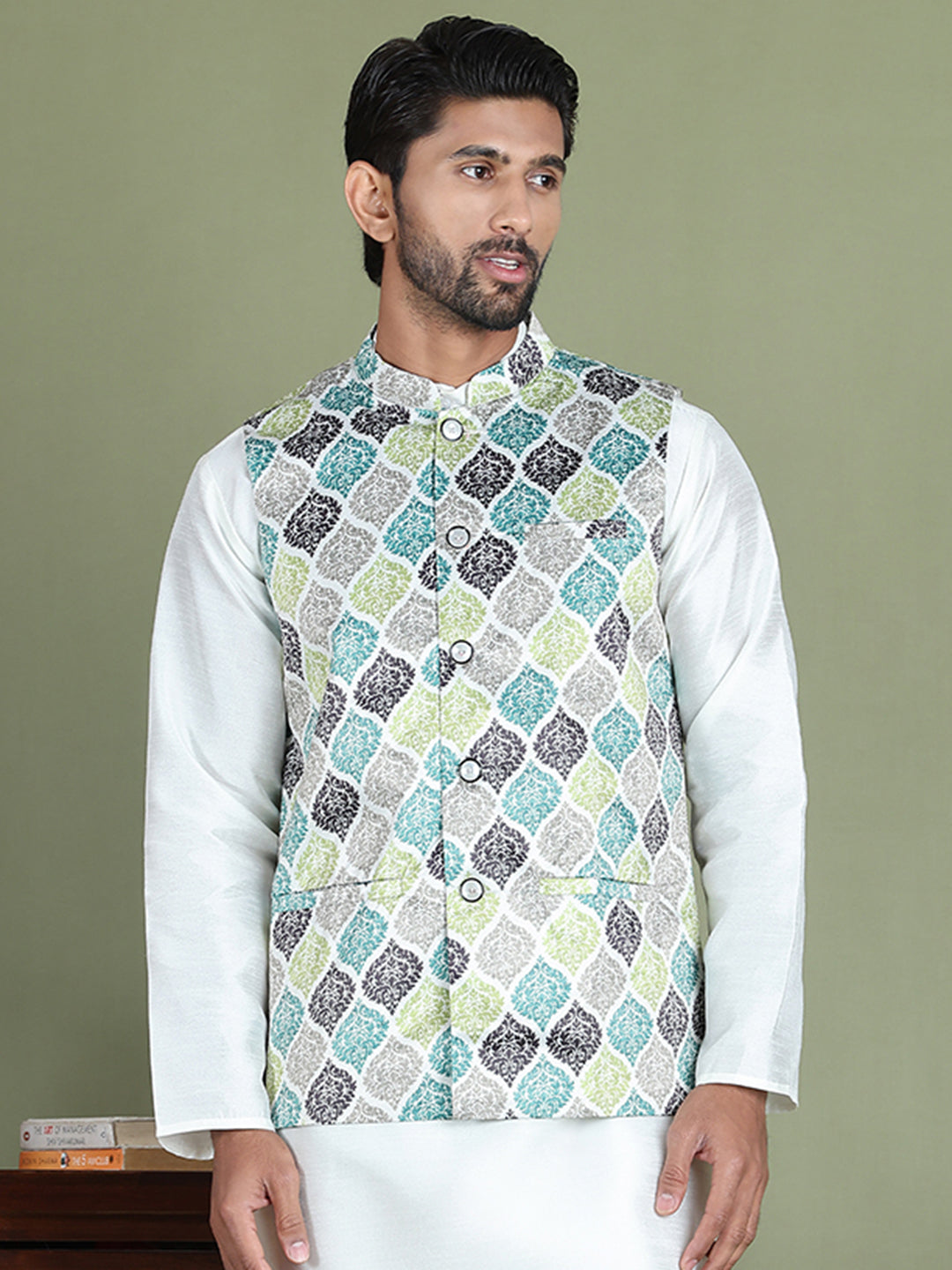 Floral Printed Nehru Jacket ( JOWC 4090Green )