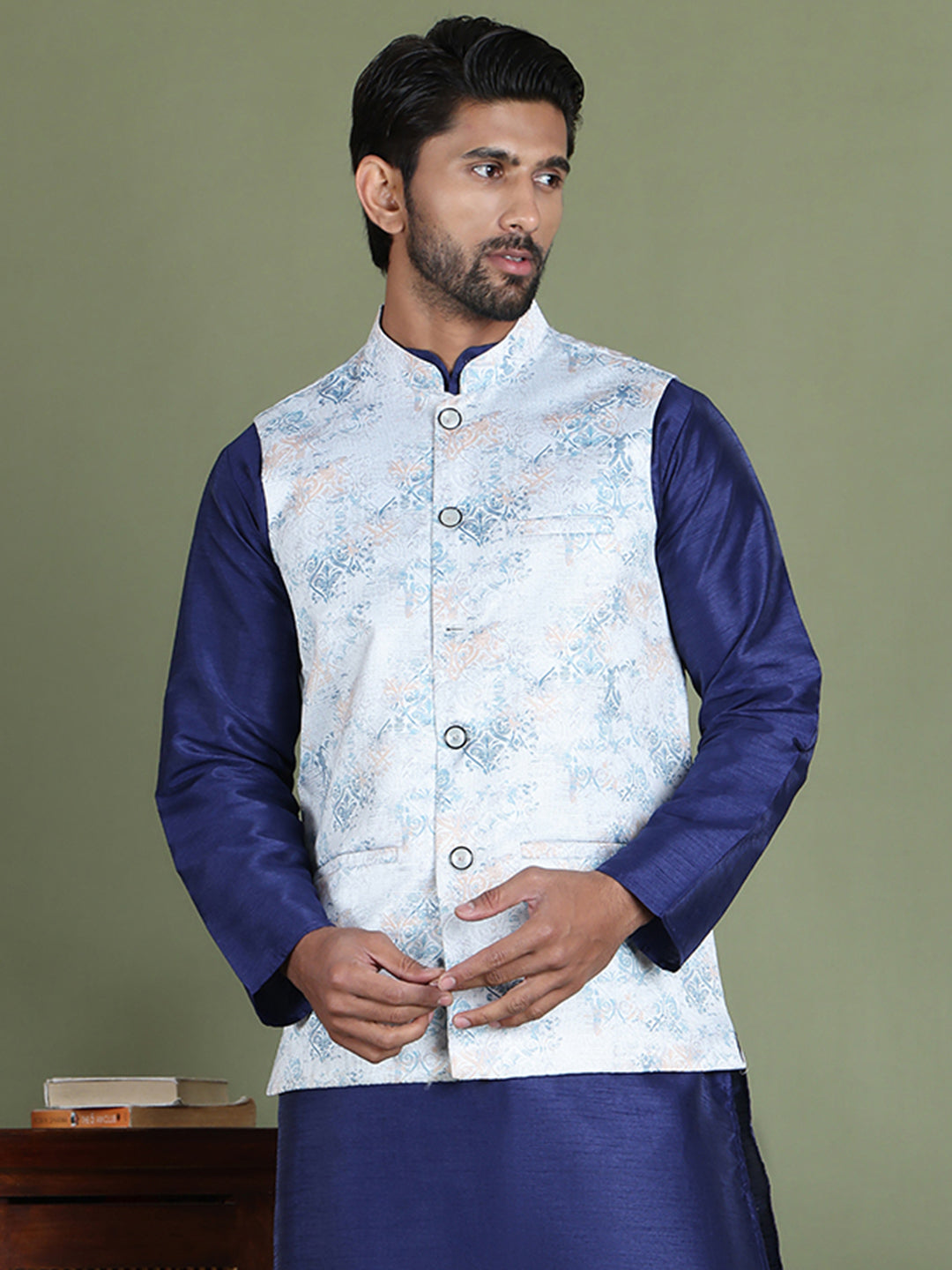 Floral Printed Nehru Jacket ( JOWC 4090Silver )