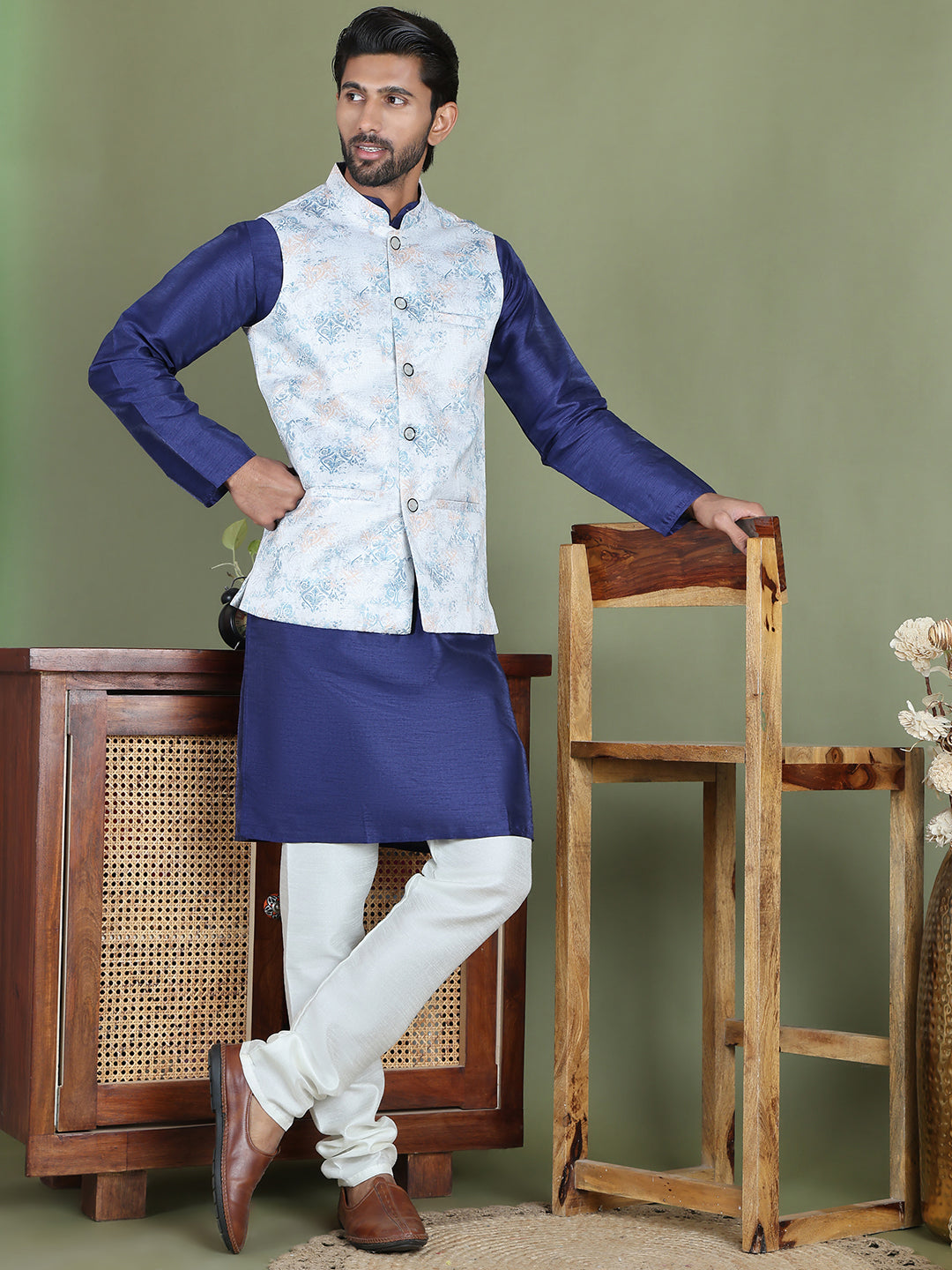 Floral Printed Nehru Jacket ( JOWC 4090Silver )