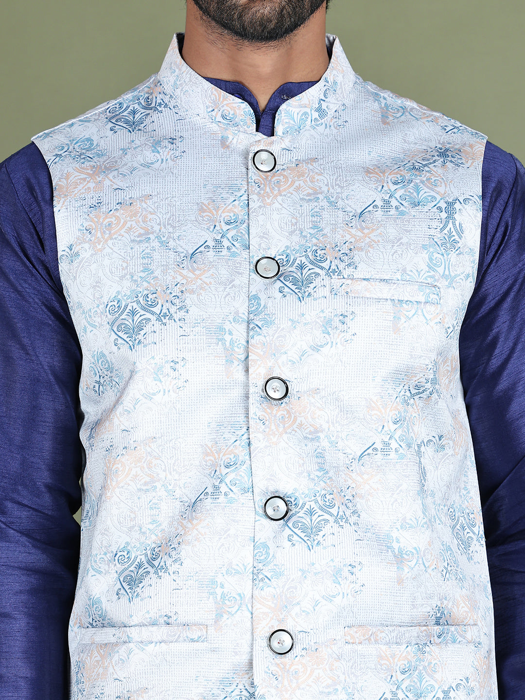 Floral Printed Nehru Jacket ( JOWC 4090Silver )