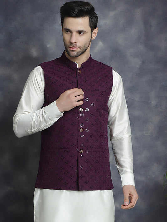 Men's embroidered and sequins Nehru Jacket ( JOWC 4093Purple )
