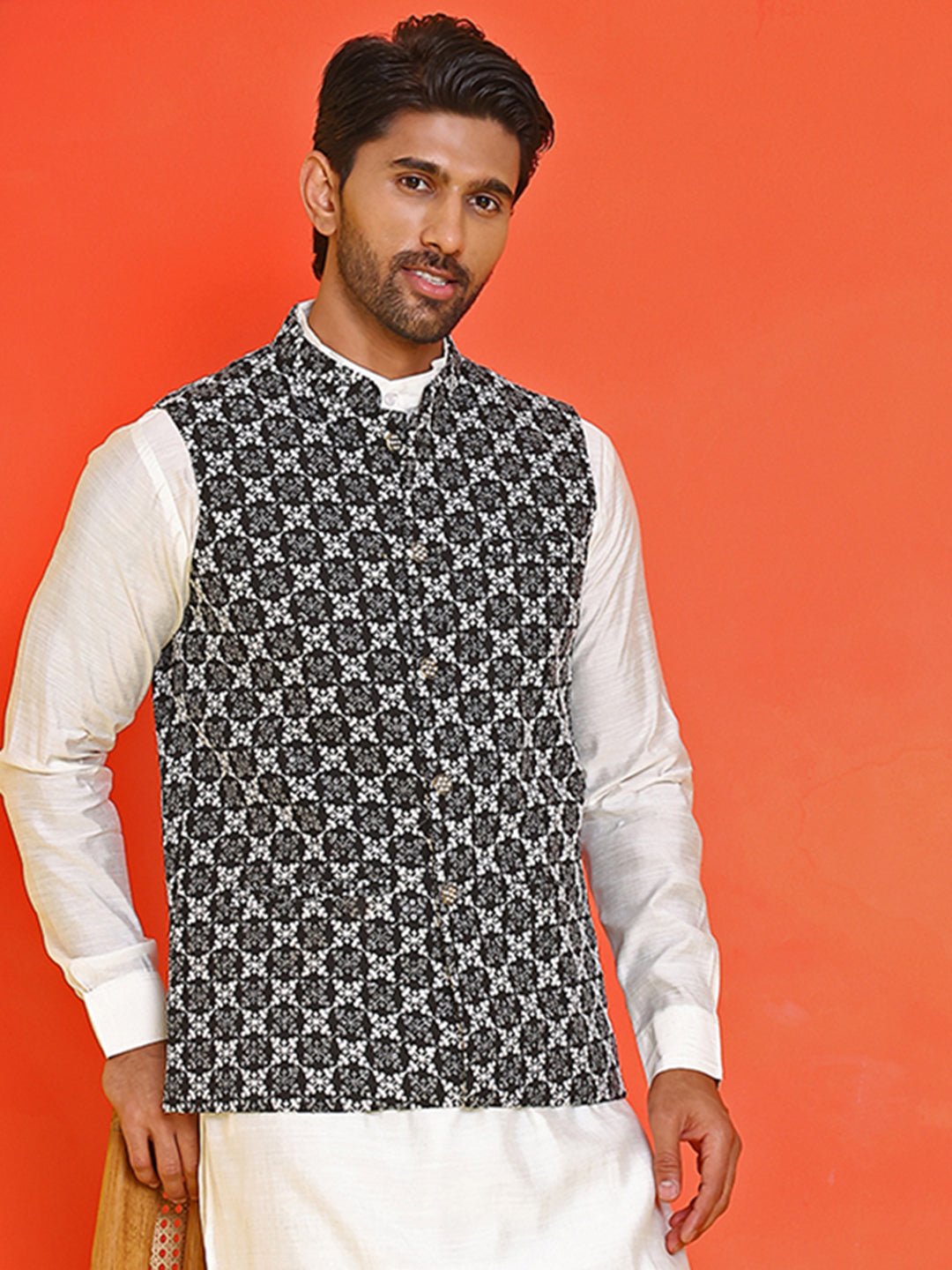 Embroidered Viscose Rayon Nehru Jacket ( JOWC 4110 Black )