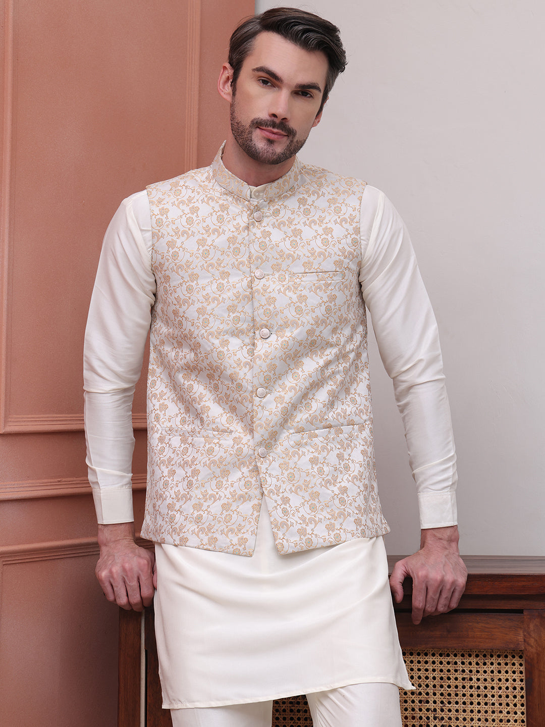 Woven Design Nehru Jacket For Men ( JOWC 4114White )