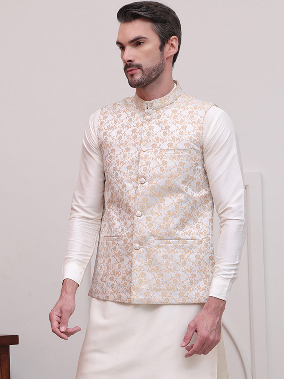 Woven Design Nehru Jacket For Men ( JOWC 4114White )