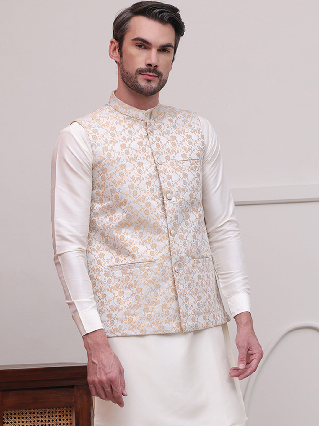 Woven Design Nehru Jacket For Men ( JOWC 4114White )