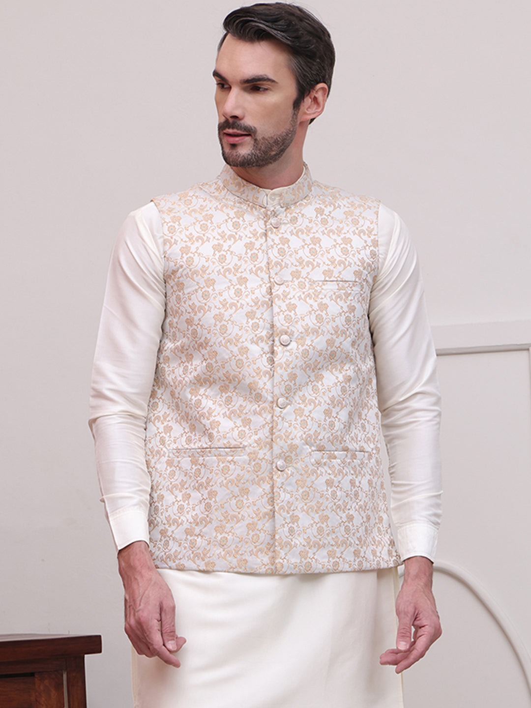 Woven Design Nehru Jacket For Men ( JOWC 4114White )