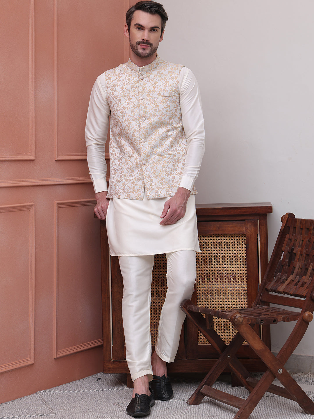 Woven Design Nehru Jacket For Men ( JOWC 4114White )