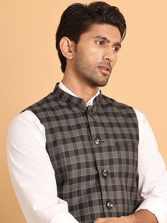 Black Checked Nehru Jacket ( JOWC 4115Charcoal )