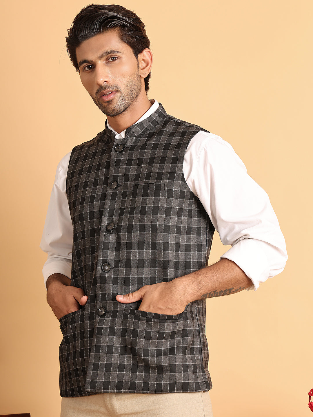 Black Checked Nehru Jacket ( JOWC 4115Charcoal )