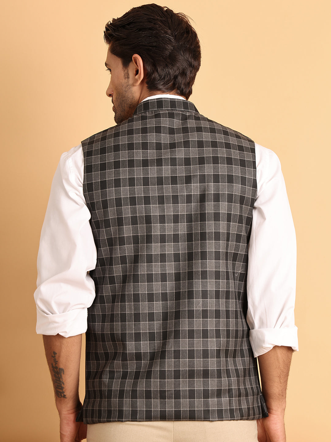 Black Checked Nehru Jacket ( JOWC 4115Charcoal )