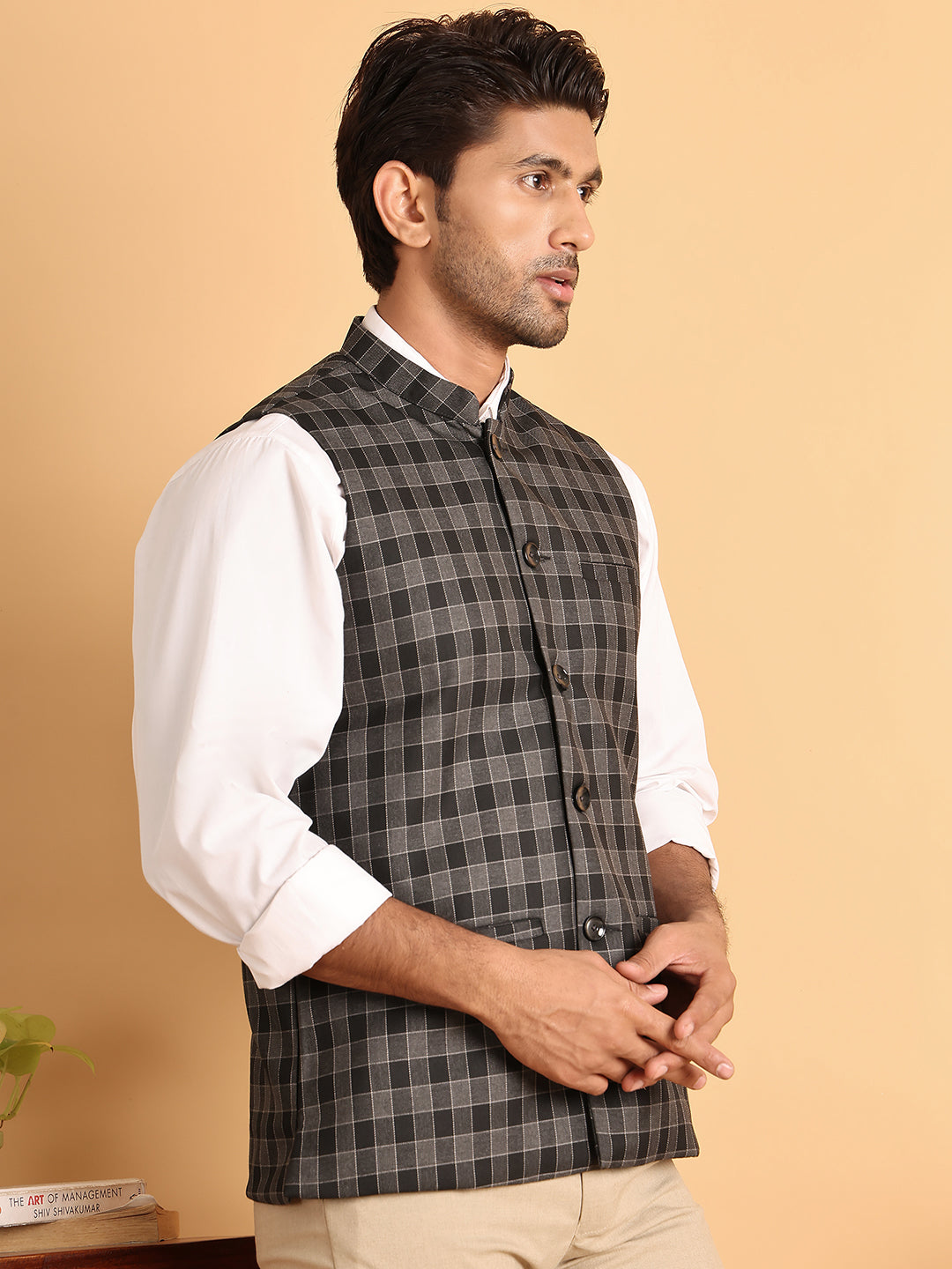 Black Checked Nehru Jacket ( JOWC 4115Charcoal )