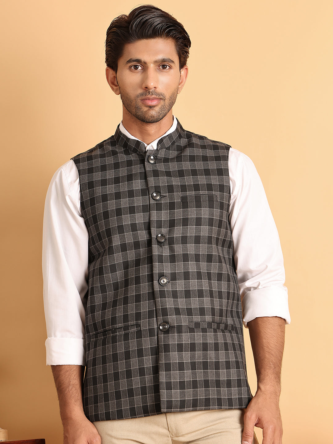 Black Checked Nehru Jacket ( JOWC 4115Charcoal )