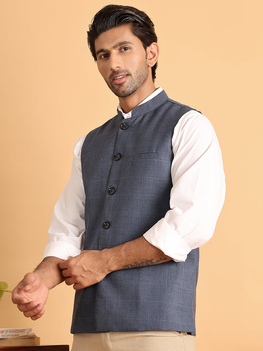 Checked Nehru Jacket for Men ( JOWC 4116Blue )