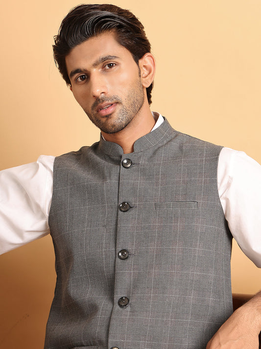 Checked Nehru Jacket for Men ( JOWC 4116Grey )