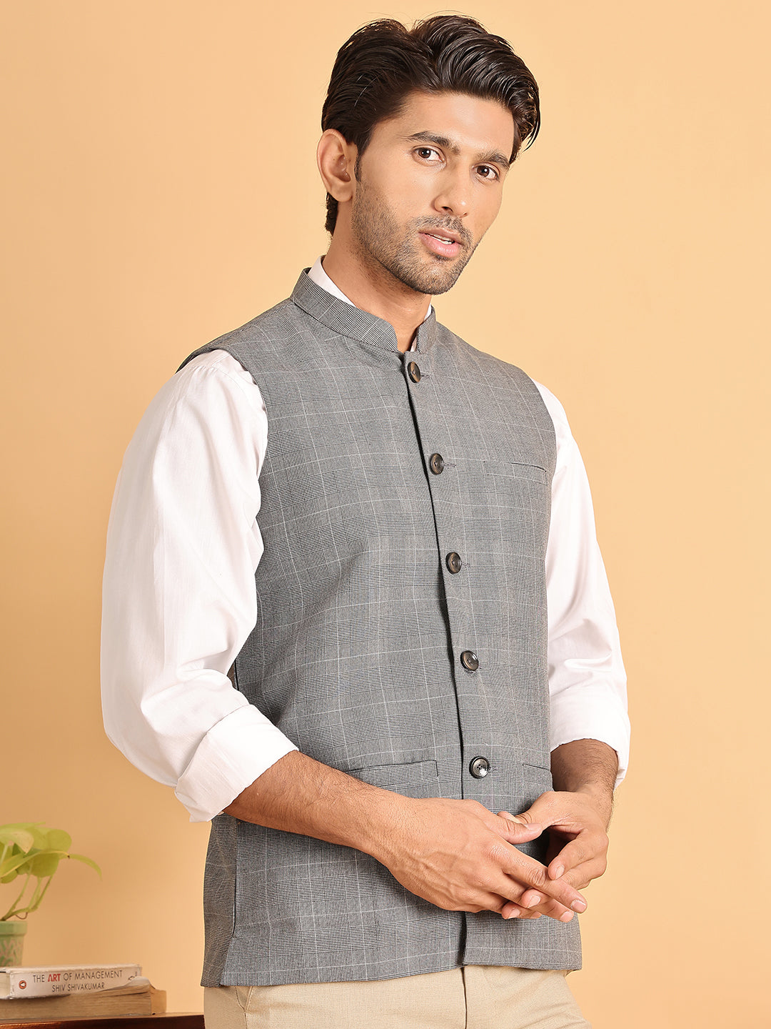 Checked Nehru Jacket for Men ( JOWC 4116Grey )