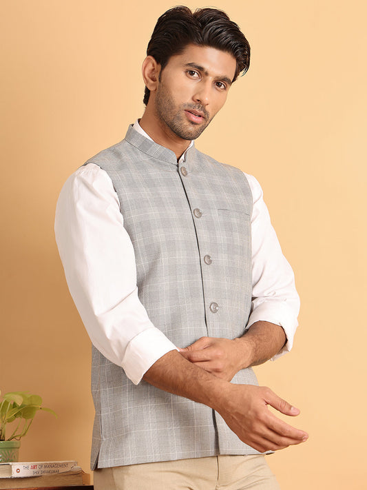 Checked Nehru Jacket for Men ( JOWC 4116Light-Grey )