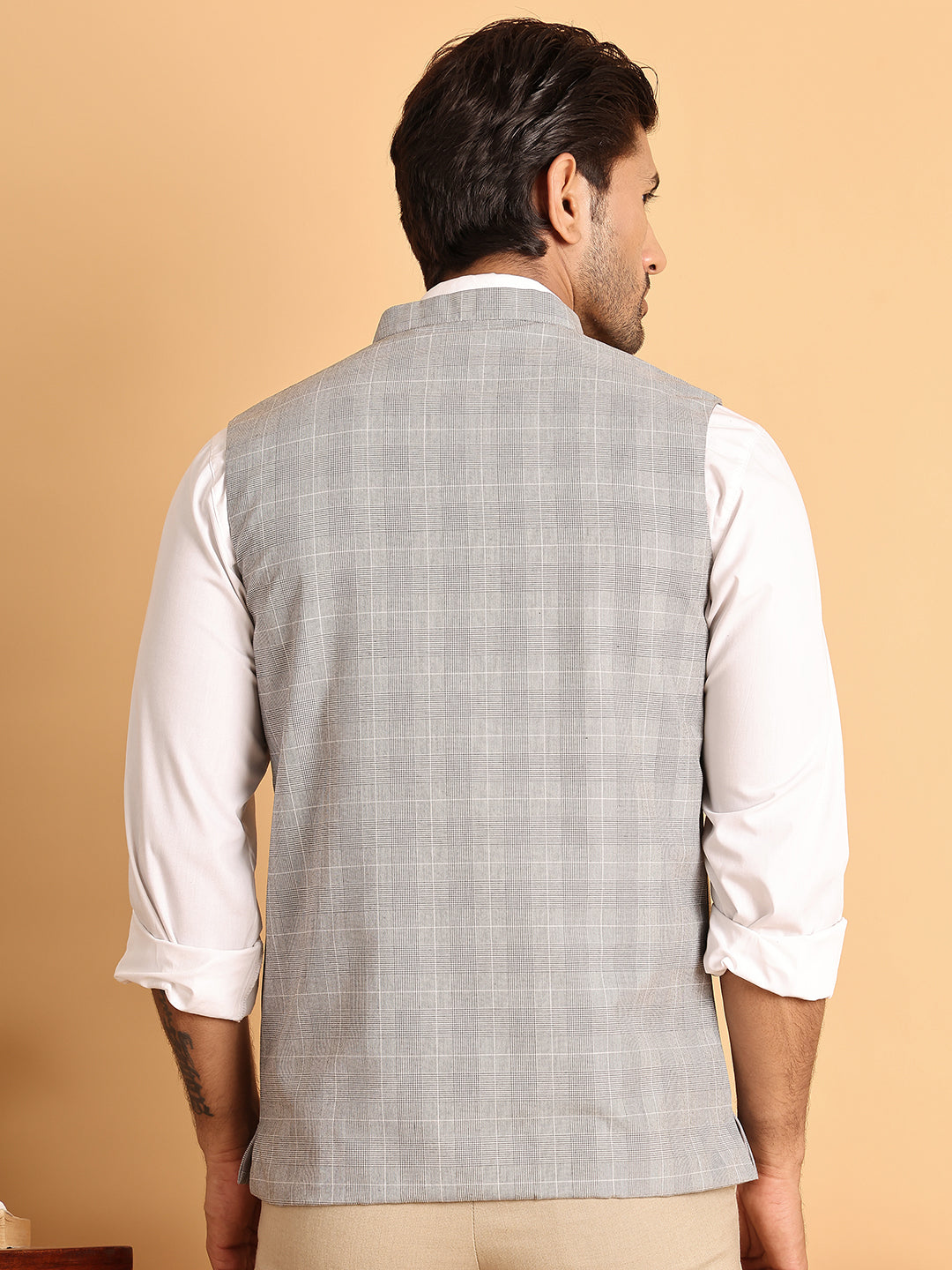 Checked Nehru Jacket for Men ( JOWC 4116Light-Grey )