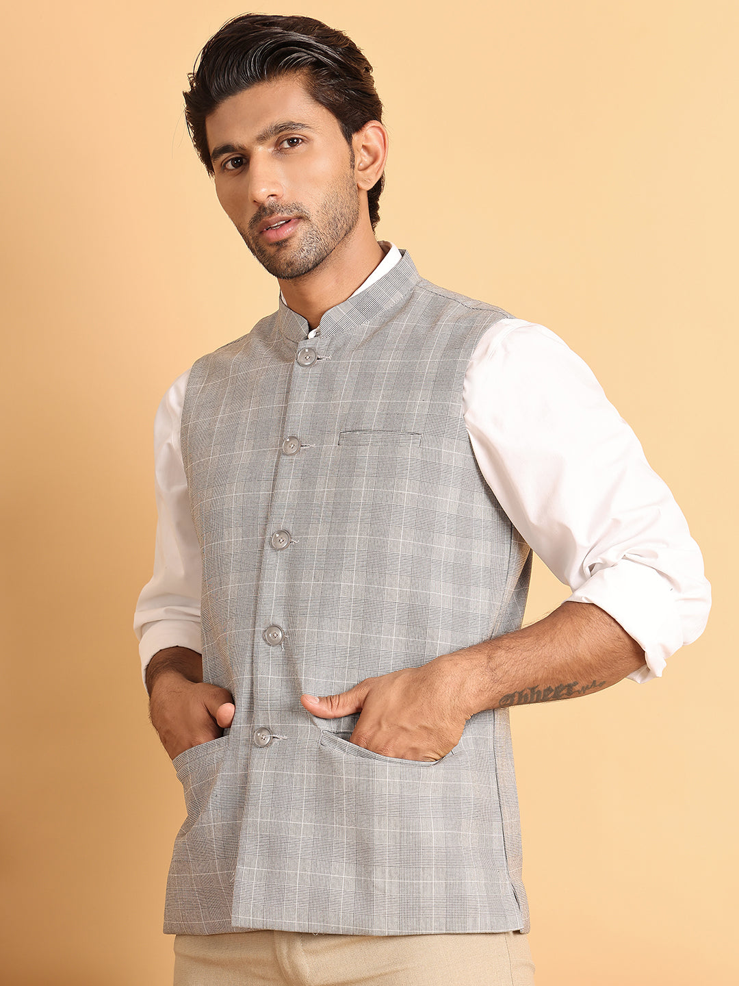 Checked Nehru Jacket for Men ( JOWC 4116Light-Grey )