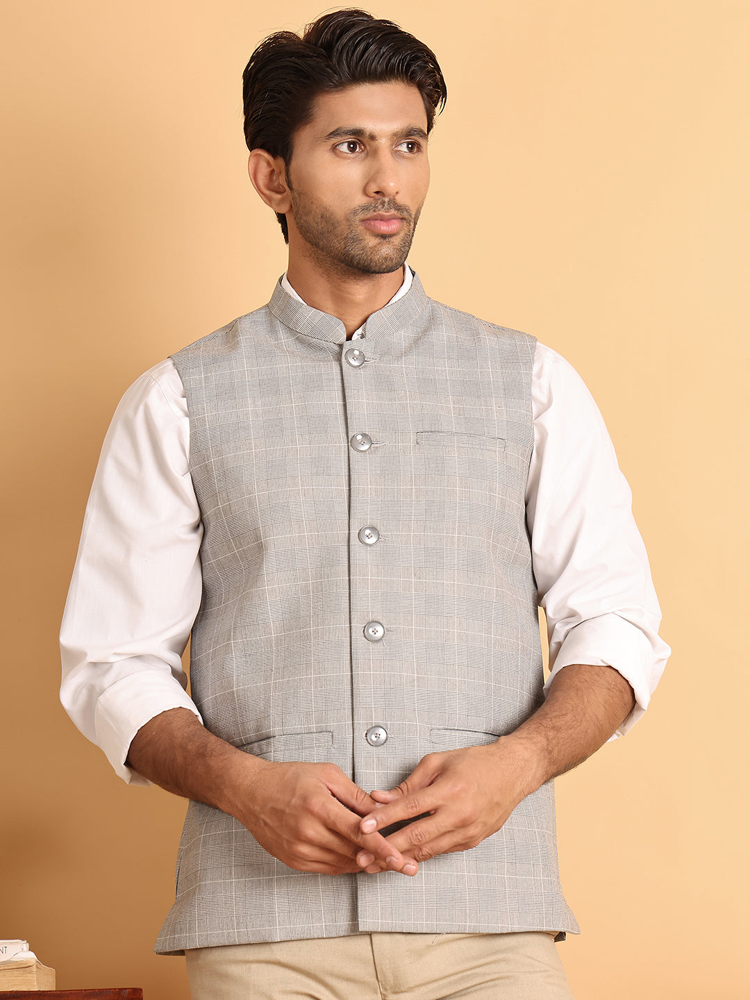 Checked Nehru Jacket for Men ( JOWC 4116Light-Grey )
