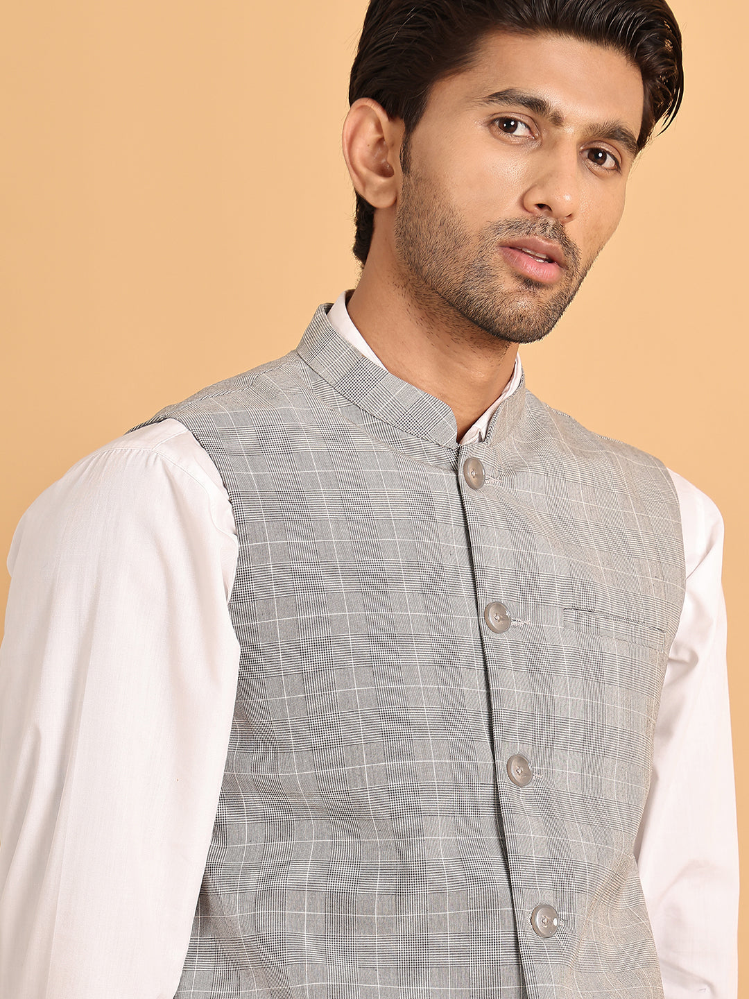 Checked Nehru Jacket for Men ( JOWC 4116Light-Grey )