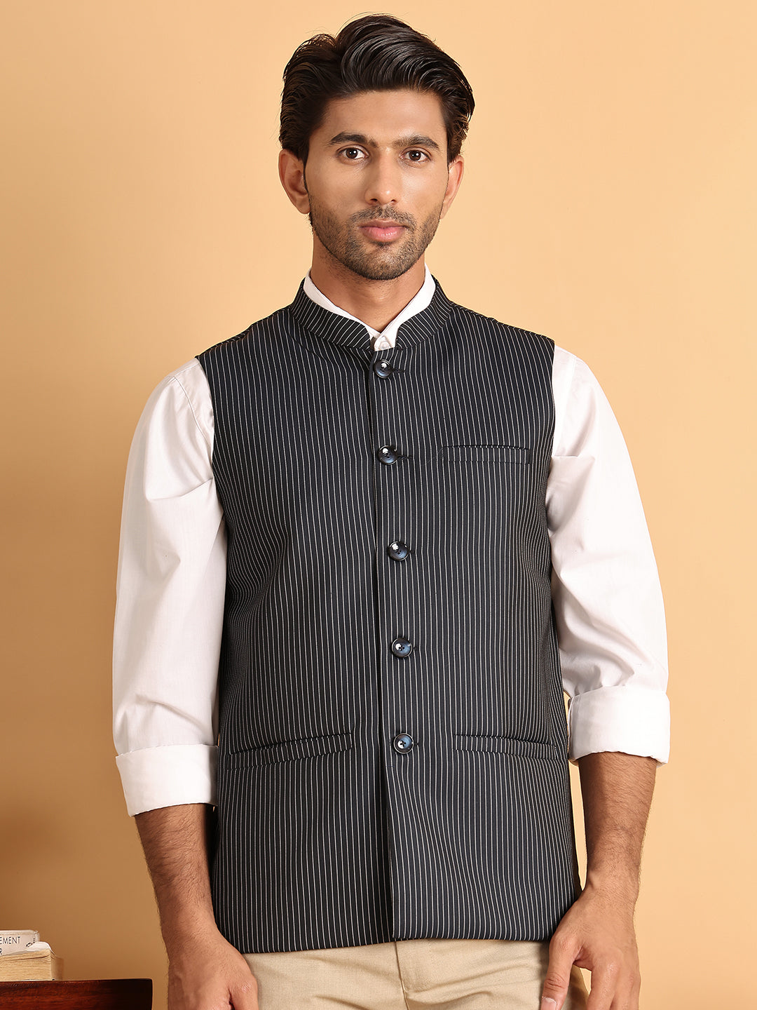 Navy Striped Woven Nehru Jacket for Men ( JOWC 4117Navy )