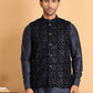 Navy Blue Embroidered Nehru Jacket  for Men ( JOWC 4118Navy )