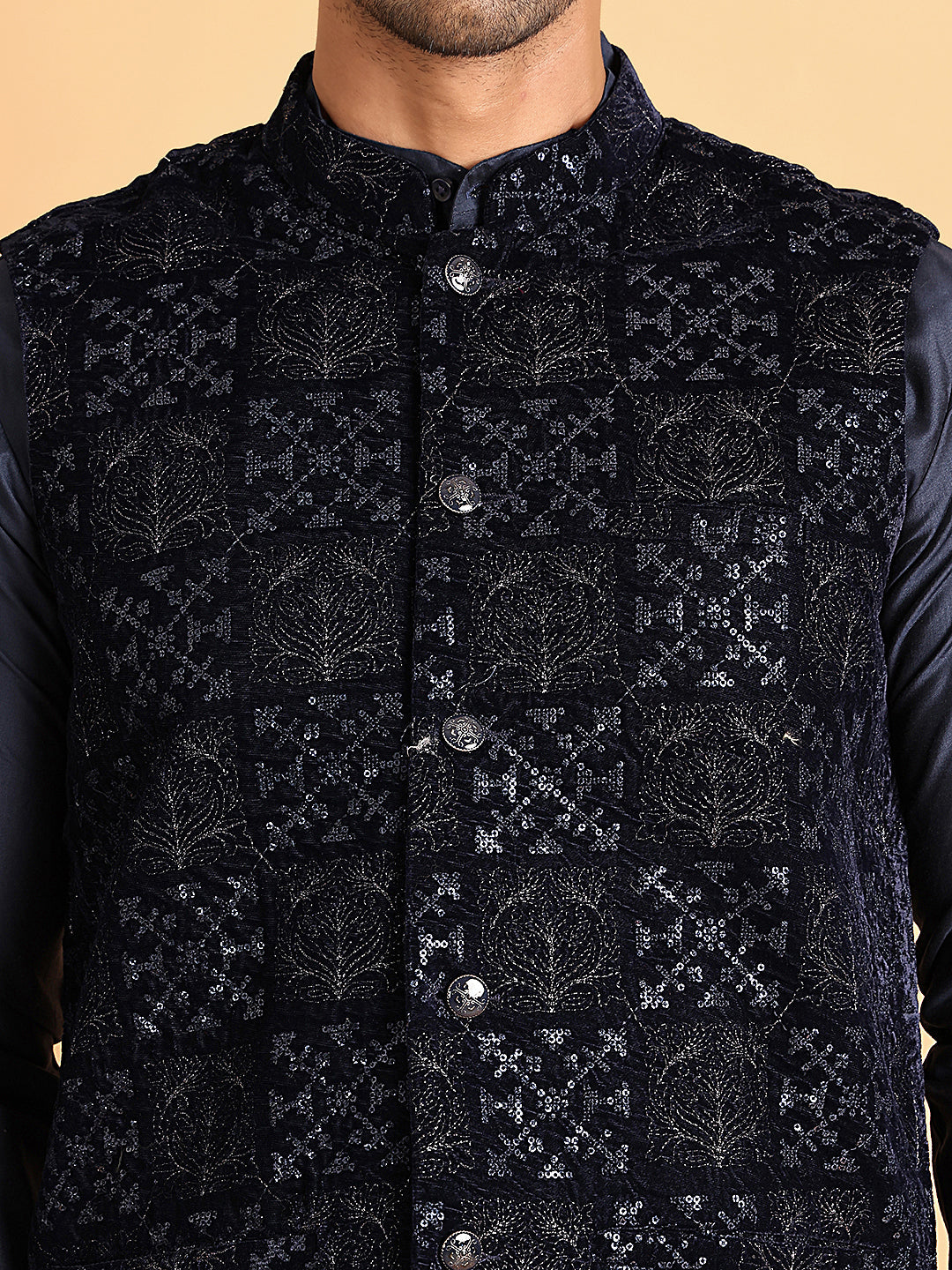 Navy Blue Embroidered Nehru Jacket  for Men ( JOWC 4118Navy )