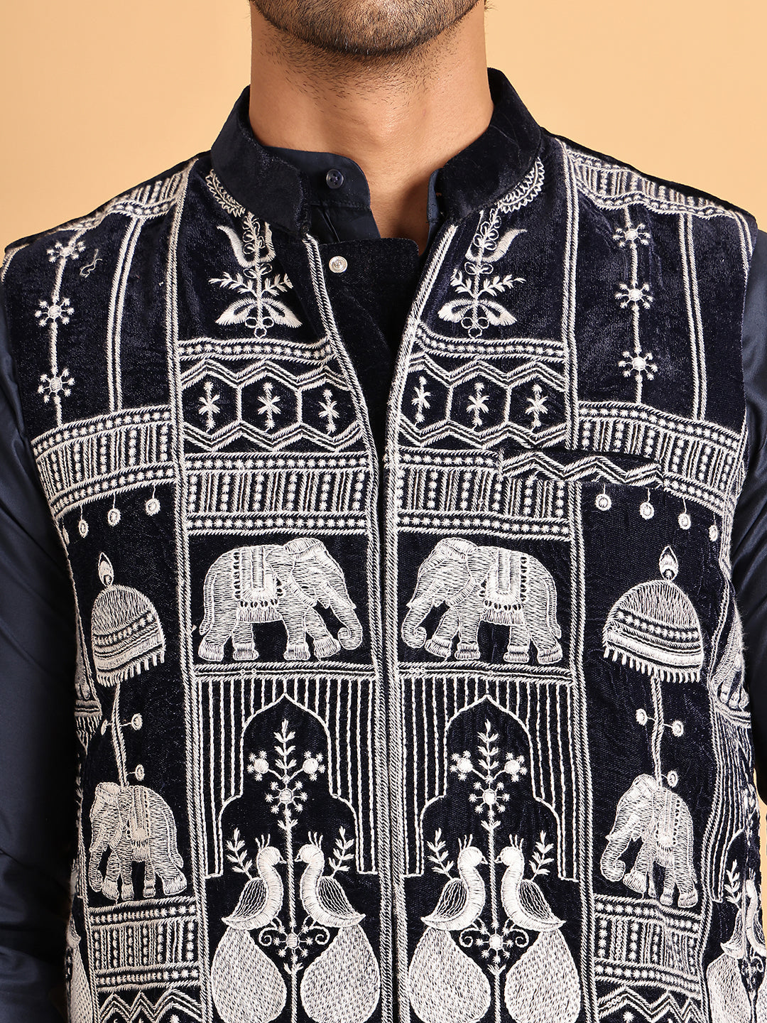 Navy Blue Embroidered Velvet Nehru Jacket for Men ( JOWC 4119Navy )