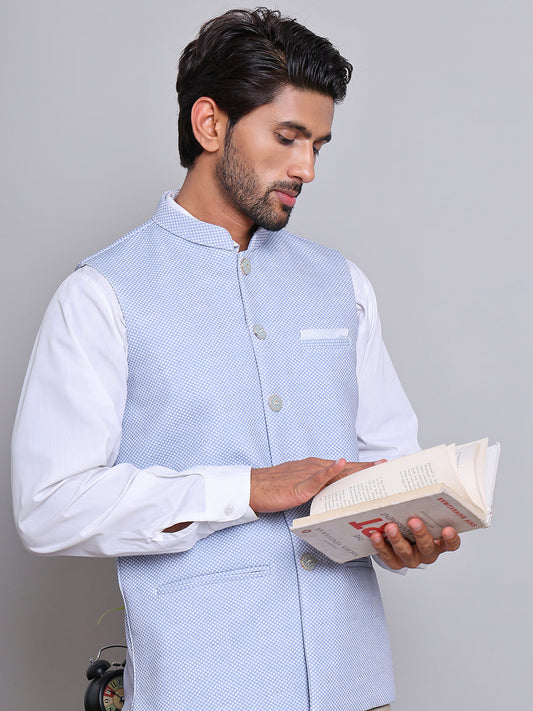 Woven Design Nehru Jacket For Men ( JOWC 4120Blue )