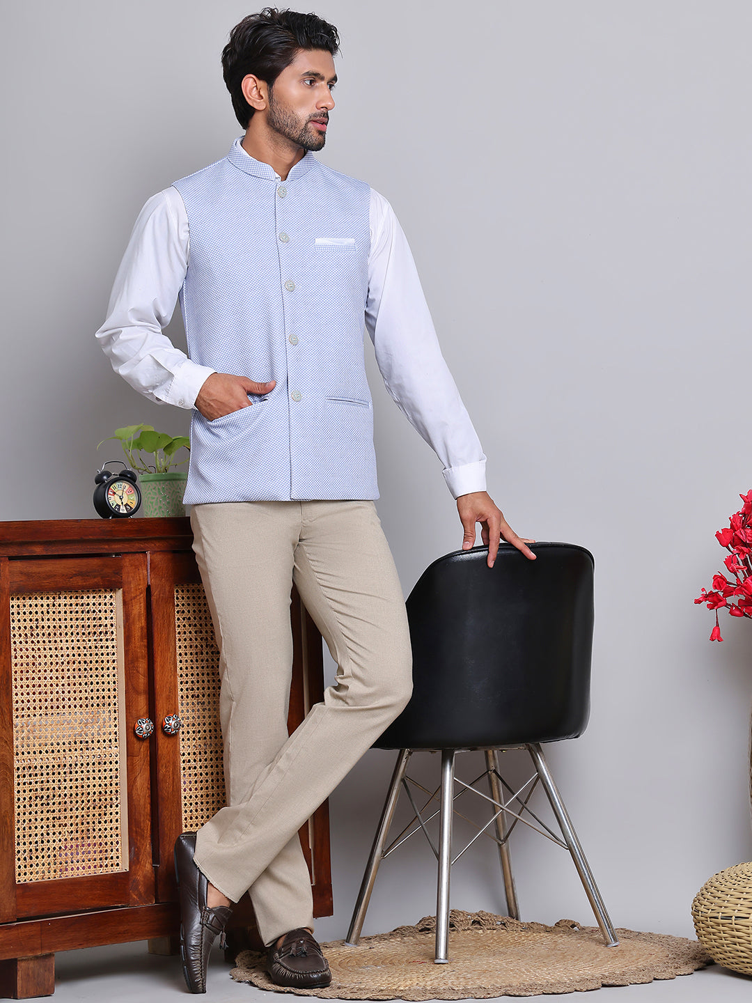 Woven Design Nehru Jacket For Men ( JOWC 4120Blue )