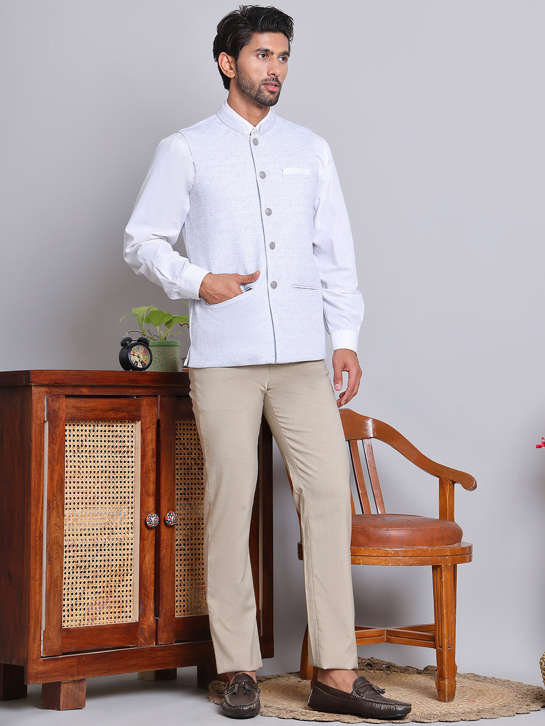Woven Design Nehru Jacket For Men ( JOWC 4120Sky )