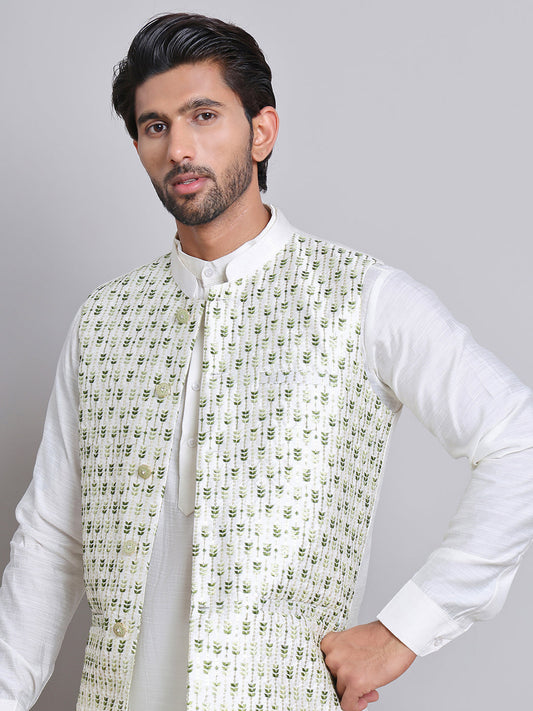 Embroidered Nehru Jacket For Men ( JOWC 4121Green )