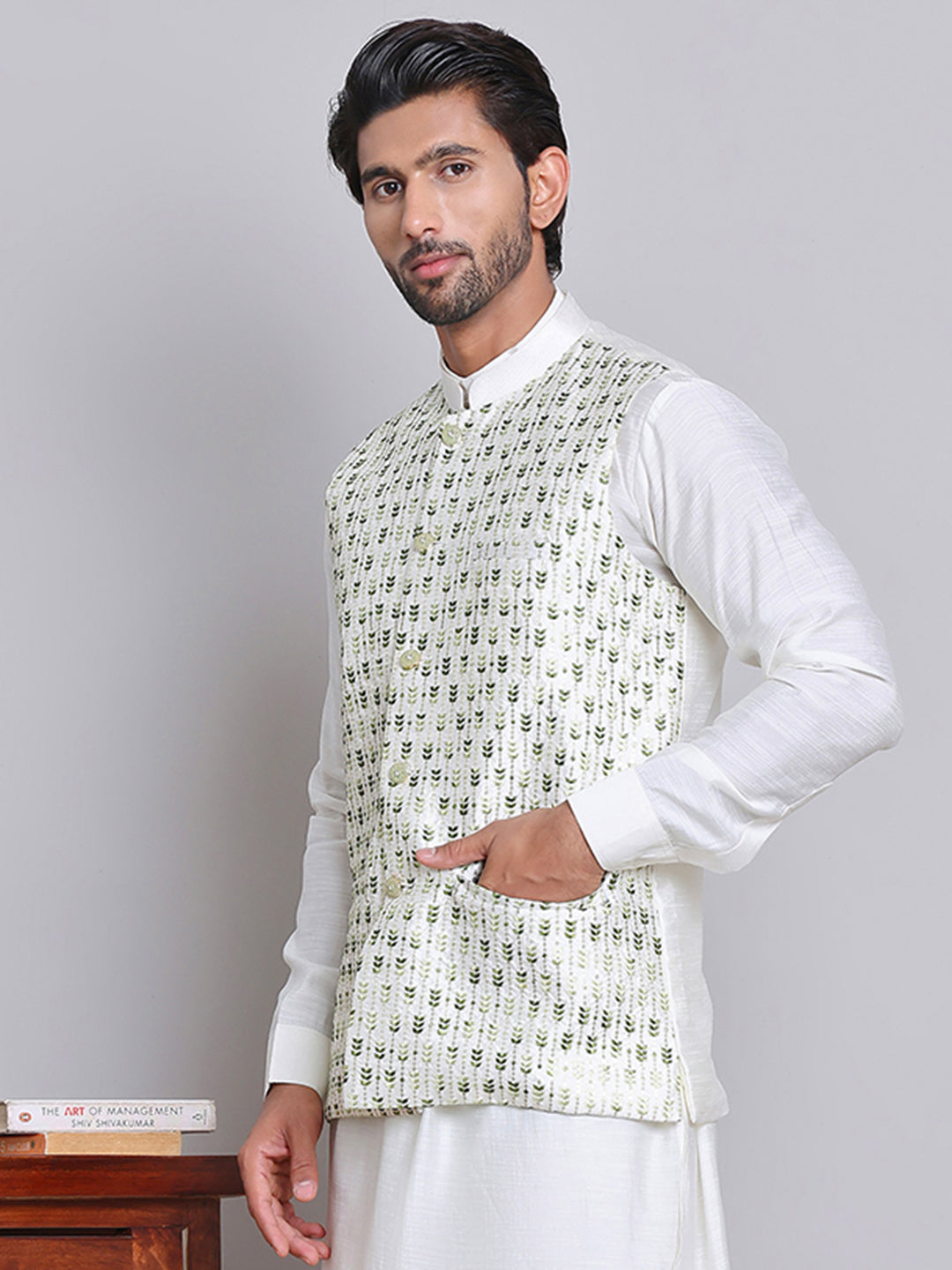 Embroidered Nehru Jacket For Men ( JOWC 4121Green )