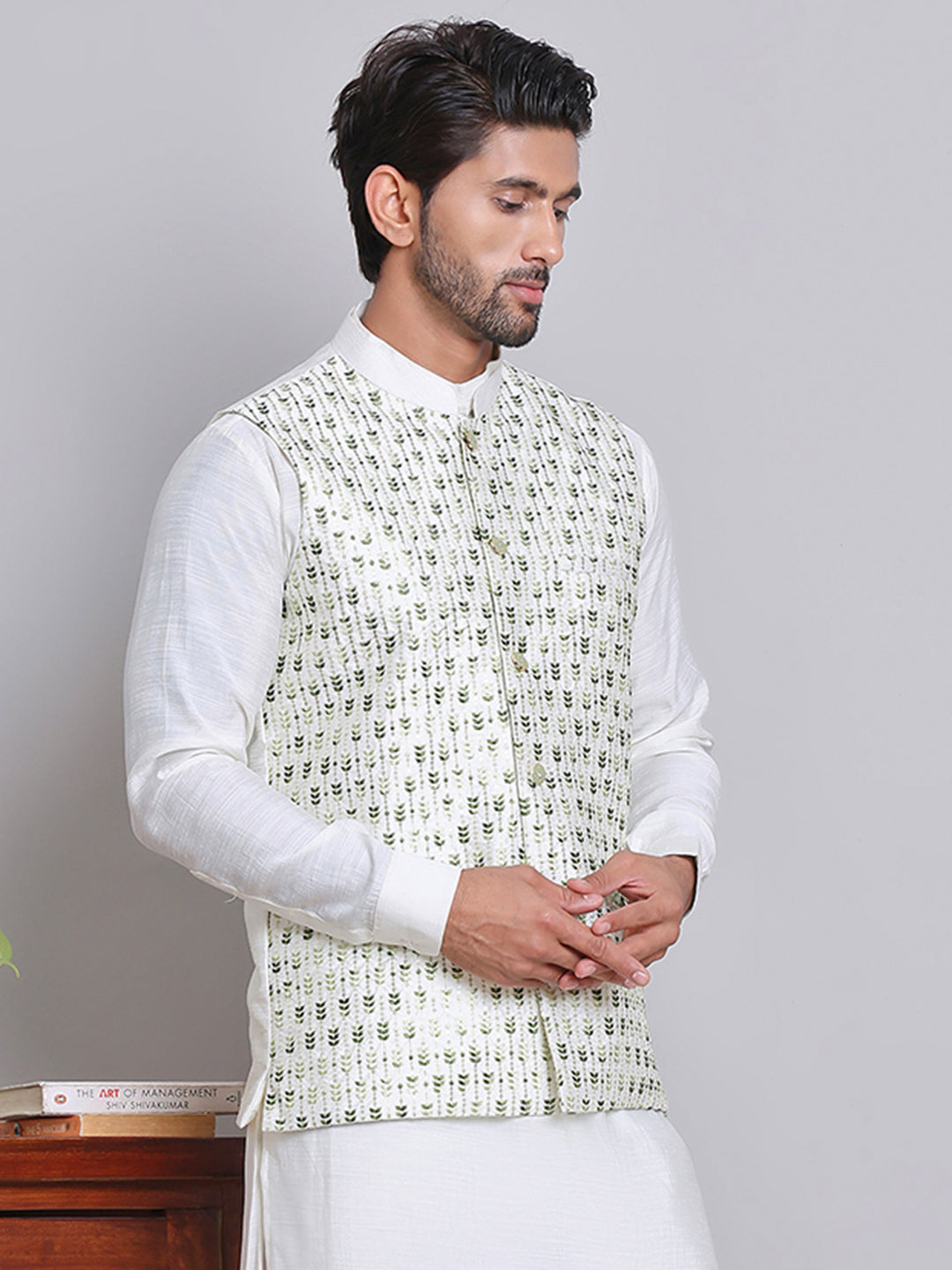 Embroidered Nehru Jacket For Men ( JOWC 4121Green )