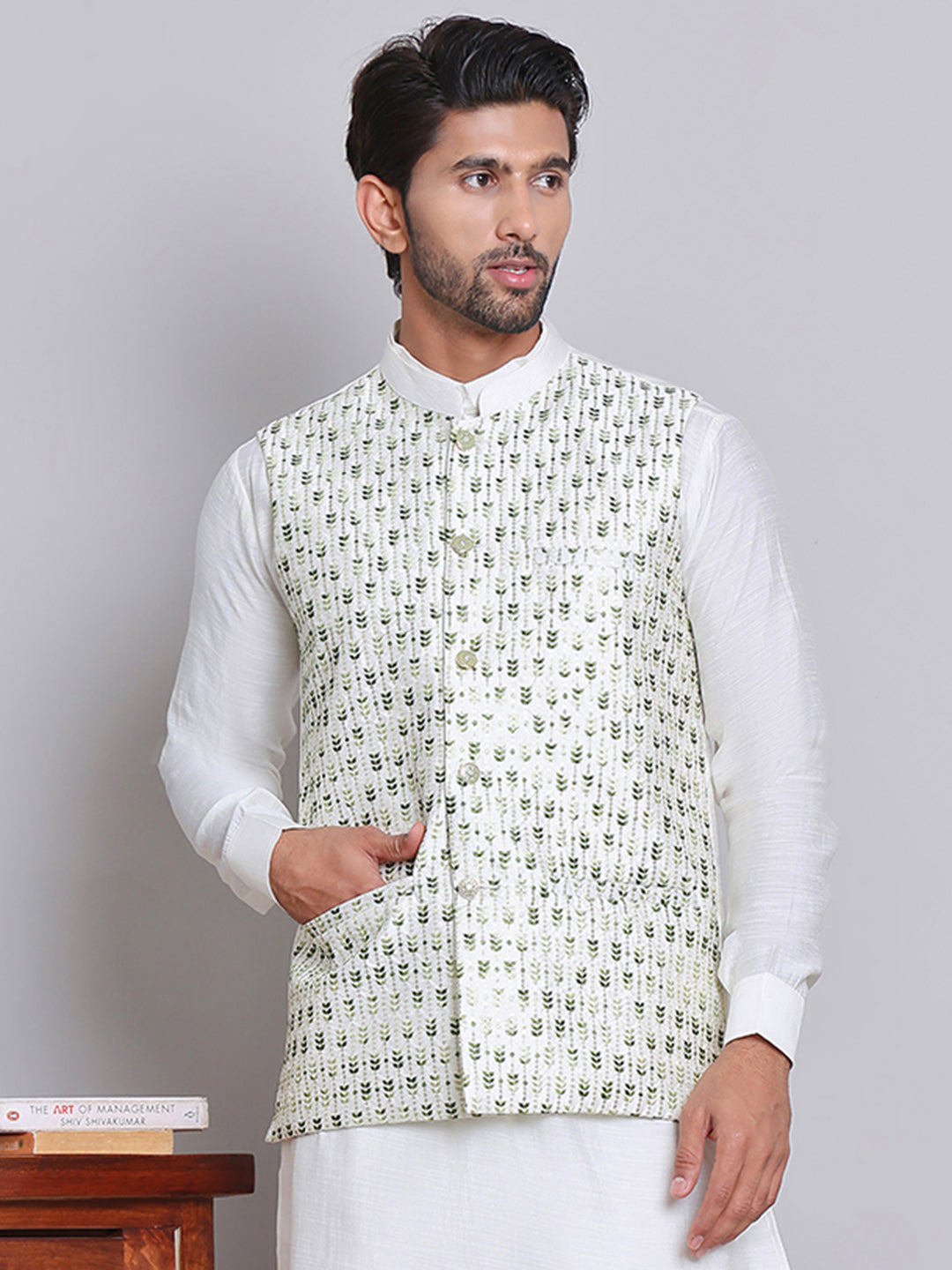 Embroidered Nehru Jacket For Men ( JOWC 4121Green )
