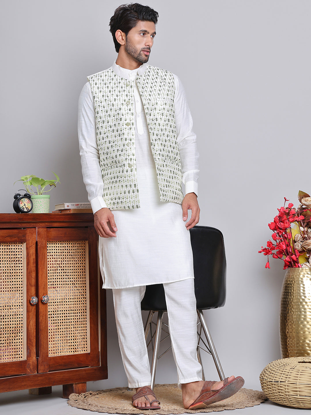 Embroidered Nehru Jacket For Men ( JOWC 4121Green )
