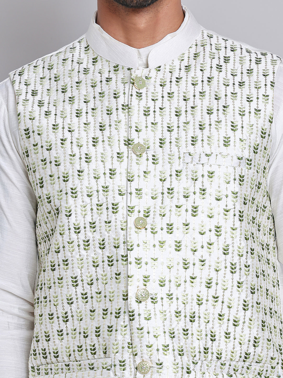 Embroidered Nehru Jacket For Men ( JOWC 4121Green )