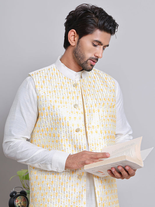 Embroidered Nehru Jacket For Men ( JOWC 4121Yellow )