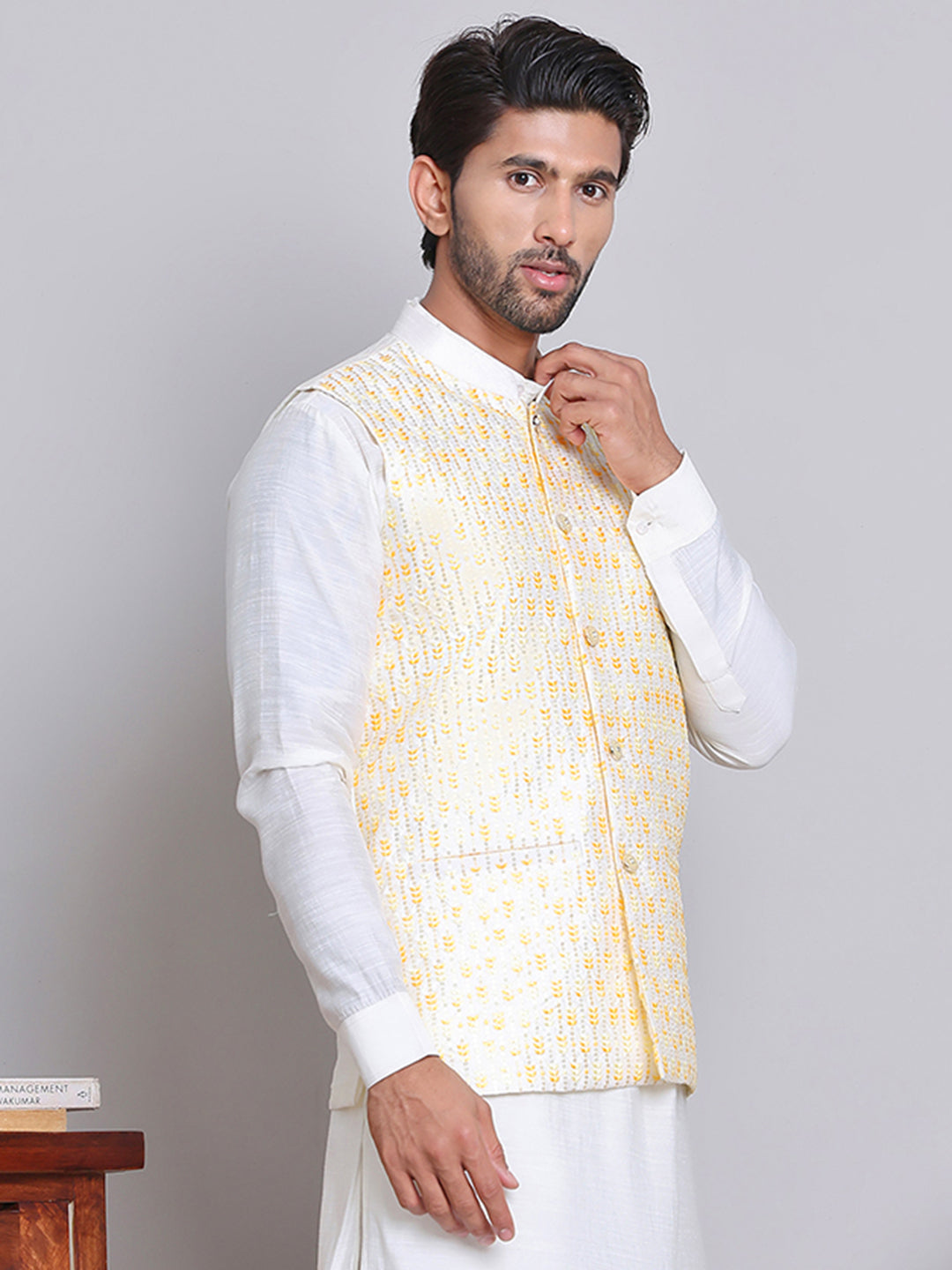 Embroidered Nehru Jacket For Men ( JOWC 4121Yellow )